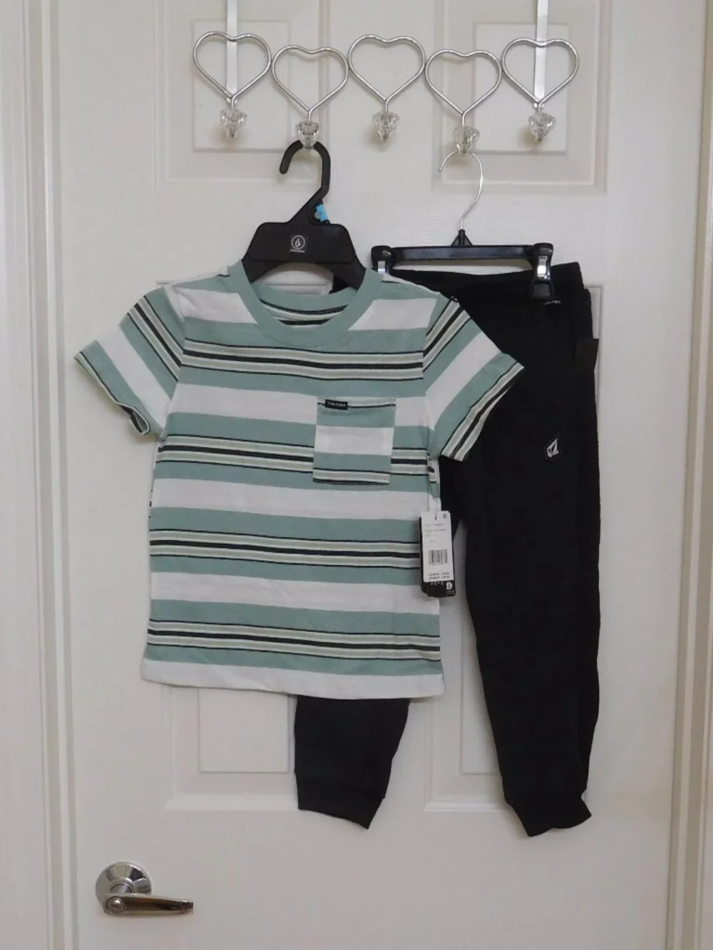 NWT 2pc Volcom Off White Green Black Stripe Shirt & Joggers Set sz 6